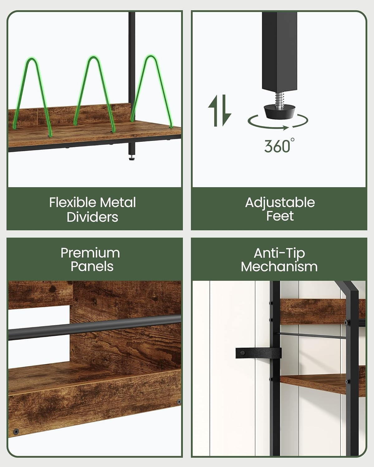 2-Tier Vinyl Record Storage Holder Rack, 250 LP Albums Display Shelf, Wooden Vinyl Storage Rack with Wire Dividers for Records, Cds, Books, Rustic Brown and Black TCW07BF