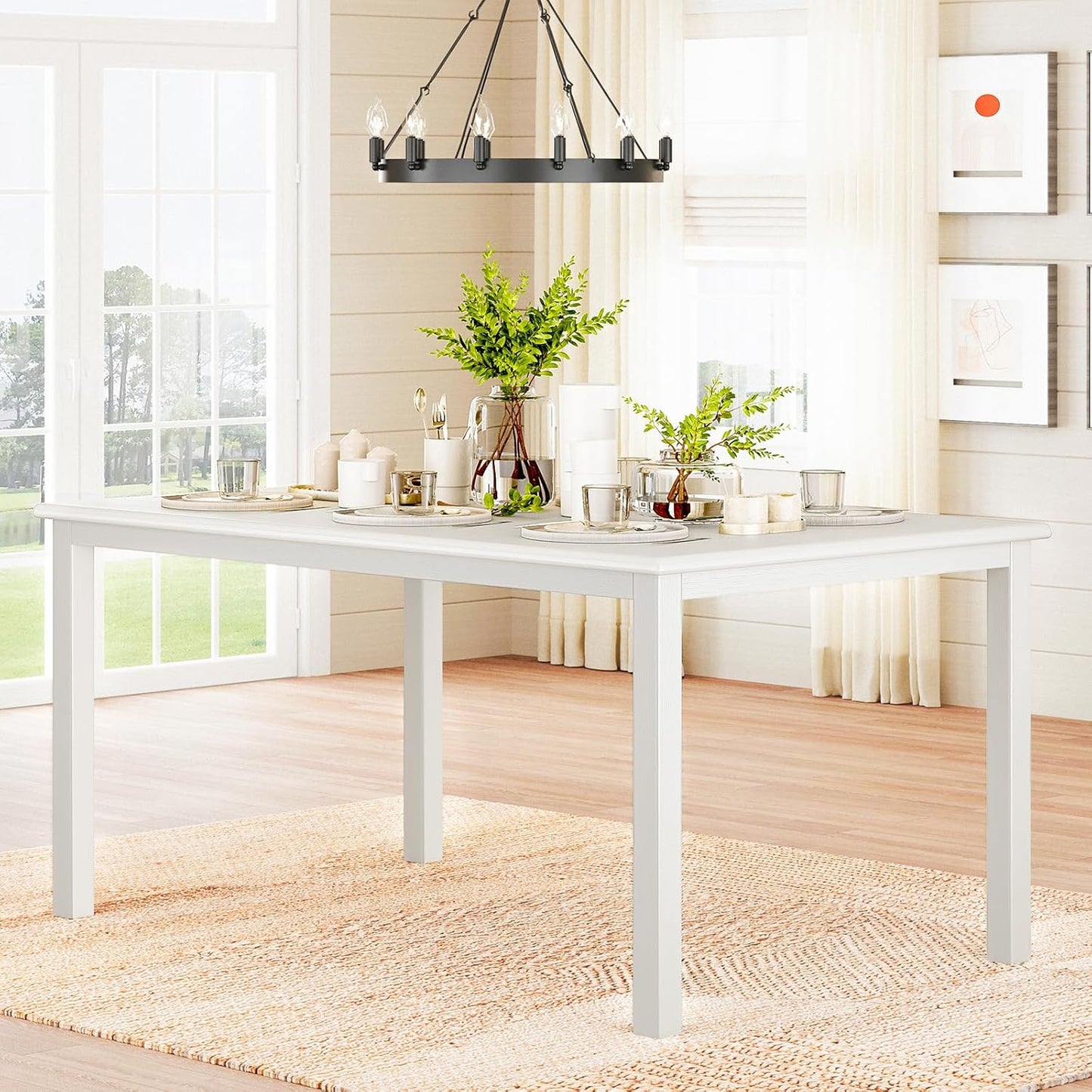 Wooden Dining Table for 6, Rectangle 60 Inch Kitchen Table with Wood Legs, Farmhouse Dinner Table for Dining Room, White