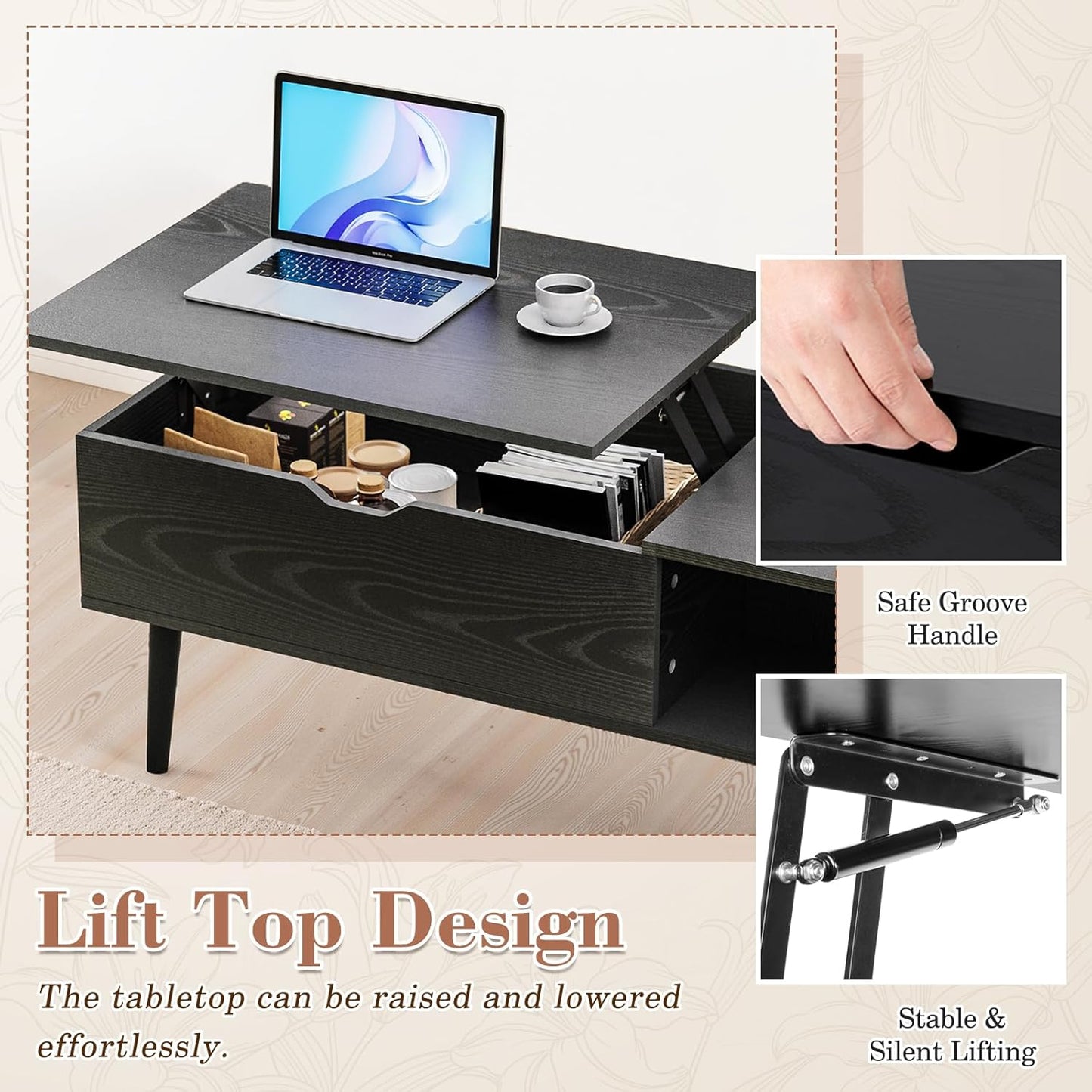 Wood Lift Top Coffee Table with Hidden Compartment and Large Storage Shelf, Lift Tabletop Dining Center Table for Home Living Room Office, Black