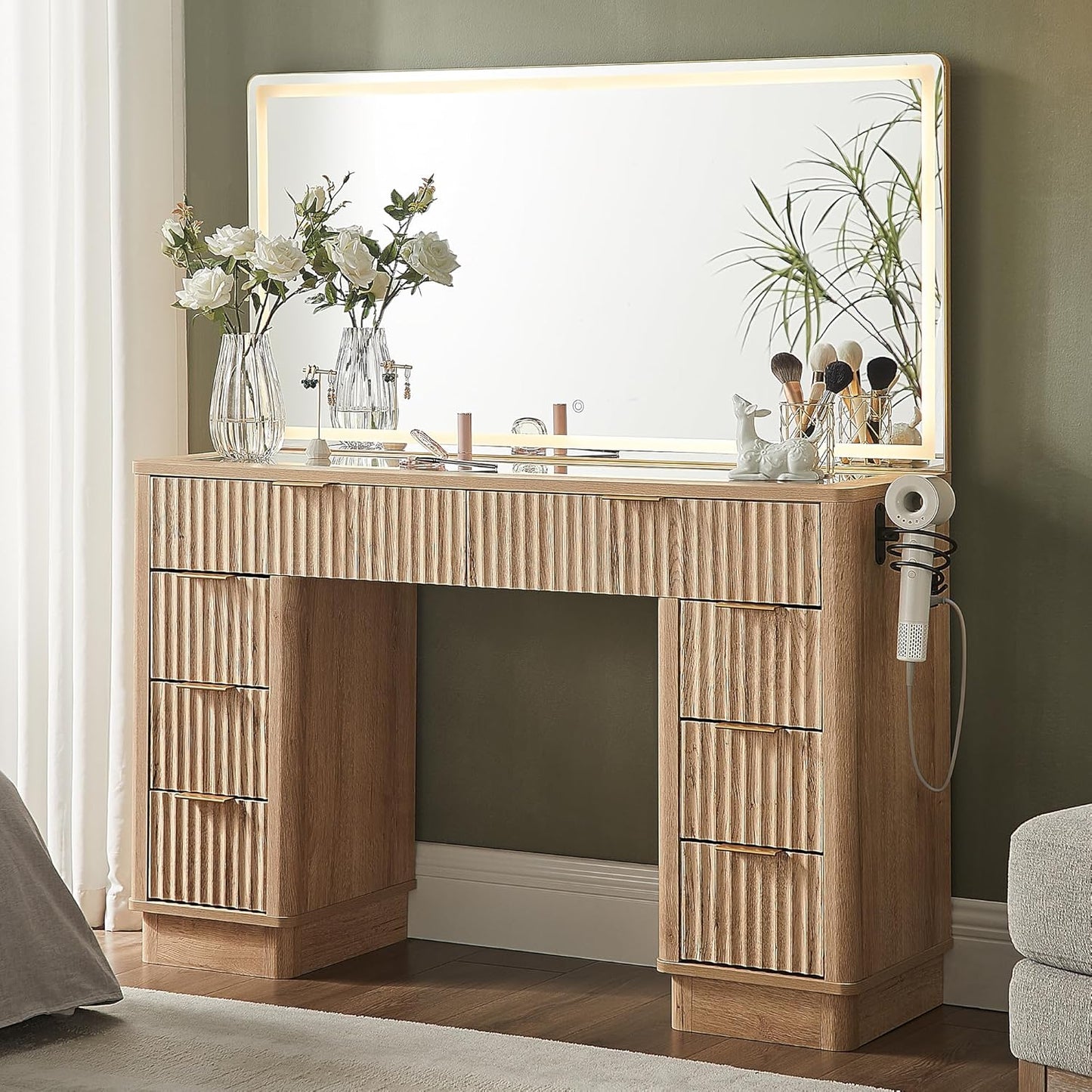 48" Fluted Makeup Vanity Desk with Large Led Lighted Mirror, Modern Vanity Table with 8 Drawers & Charging Station, Glass Top Dressing Table for Bedroom, Natural Oak