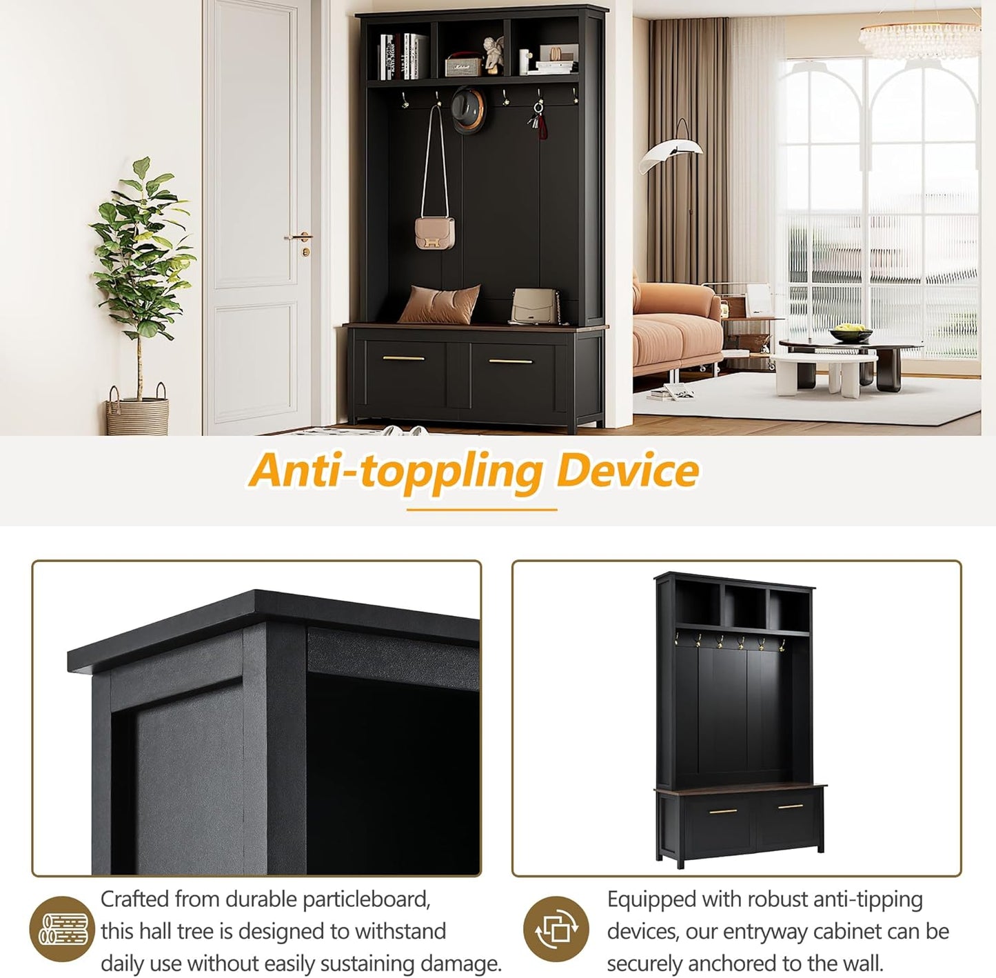 Modern 4-In-1 Storage Hall Tree with Bench, Versatile Multiple Space with 6 Golden Hooks, 2 Drawers, Entryway Coat Rack for Living Room, Hallway, Black