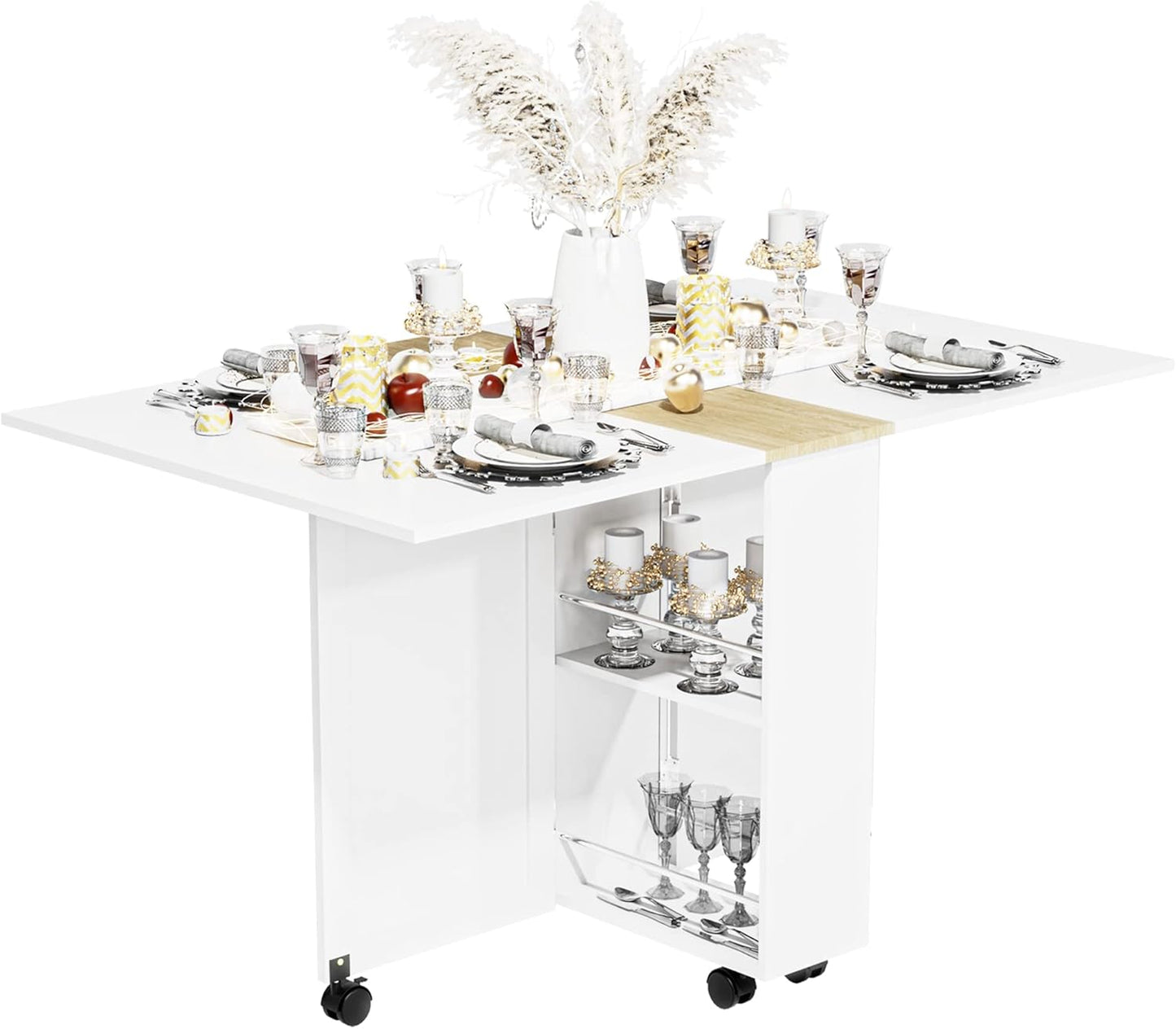 Folding Dining Table, Small Dining Table, Space Saving Dining Table with 6 Wheels, Kitchen Table Sewing Table for Small Spaces (White)
