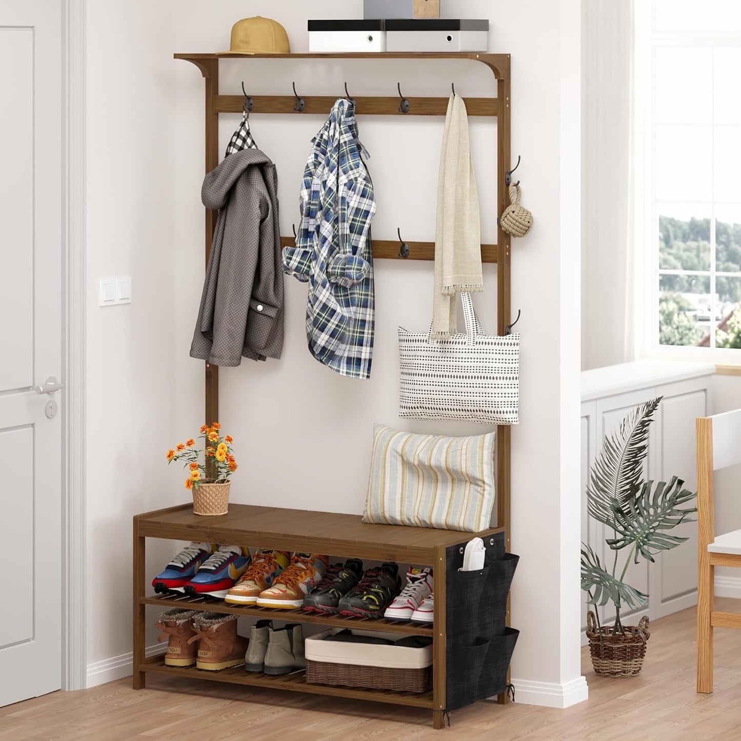 Hall Tree with Bench and Shoe Storage, Entryway Bench with Shoe Storage, 6-In-1 Coat Rack with Cloth Bag And14 Coat Hooks, Sturdy Bamboo Frame, Large Size, Brown 39 * 15 * 70 Inches