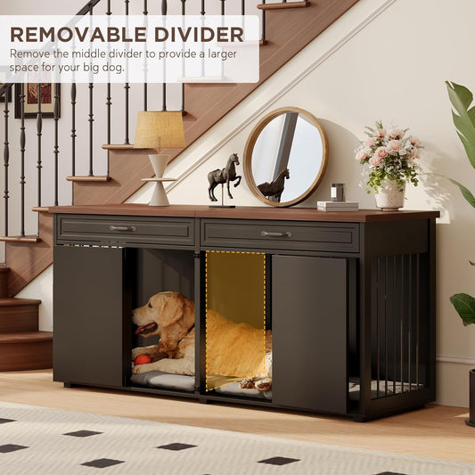 Furniture Style Dog Crate - Indoor Wooden Dog Kennel Furniture with 2 Drawers & Room Divider - 72" L X 23.6" W X 34" H - Black