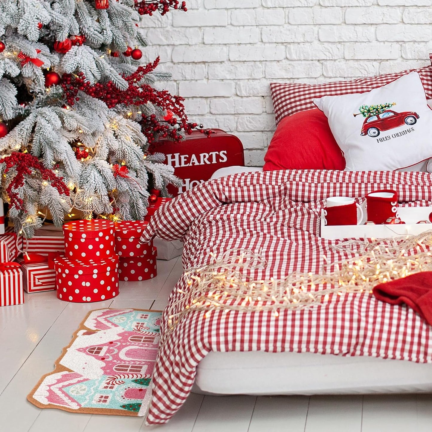 Pink Christmas Gingerbread House Doormat 23.6 X 13.7 Inch Pastel Christmas Welcome Doormat Cute Gingerbread Artificial Coir Non Slip Entrance Rugs for Indoor Outdoor Bathroom Kitchen Decor