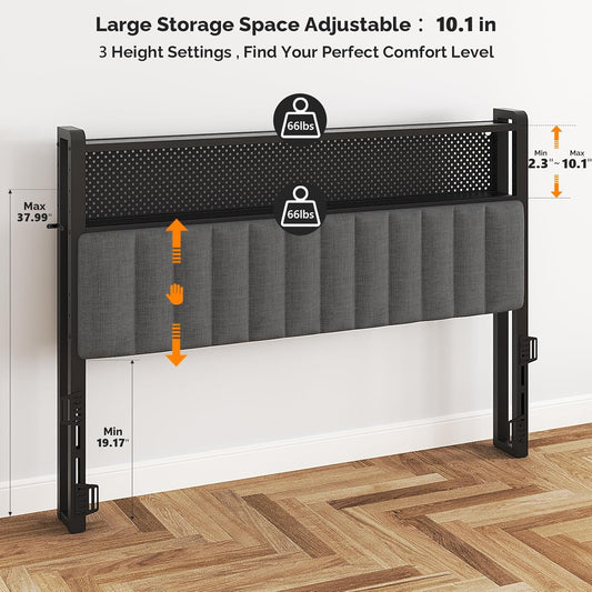 King Size Headboard Only, Adjustable Upholstered Headboard with 2 Tier Shelves and Pegboard with Charging Stations and LED Lights, Modern Bed Headboard with Storage for Bedroom Decor