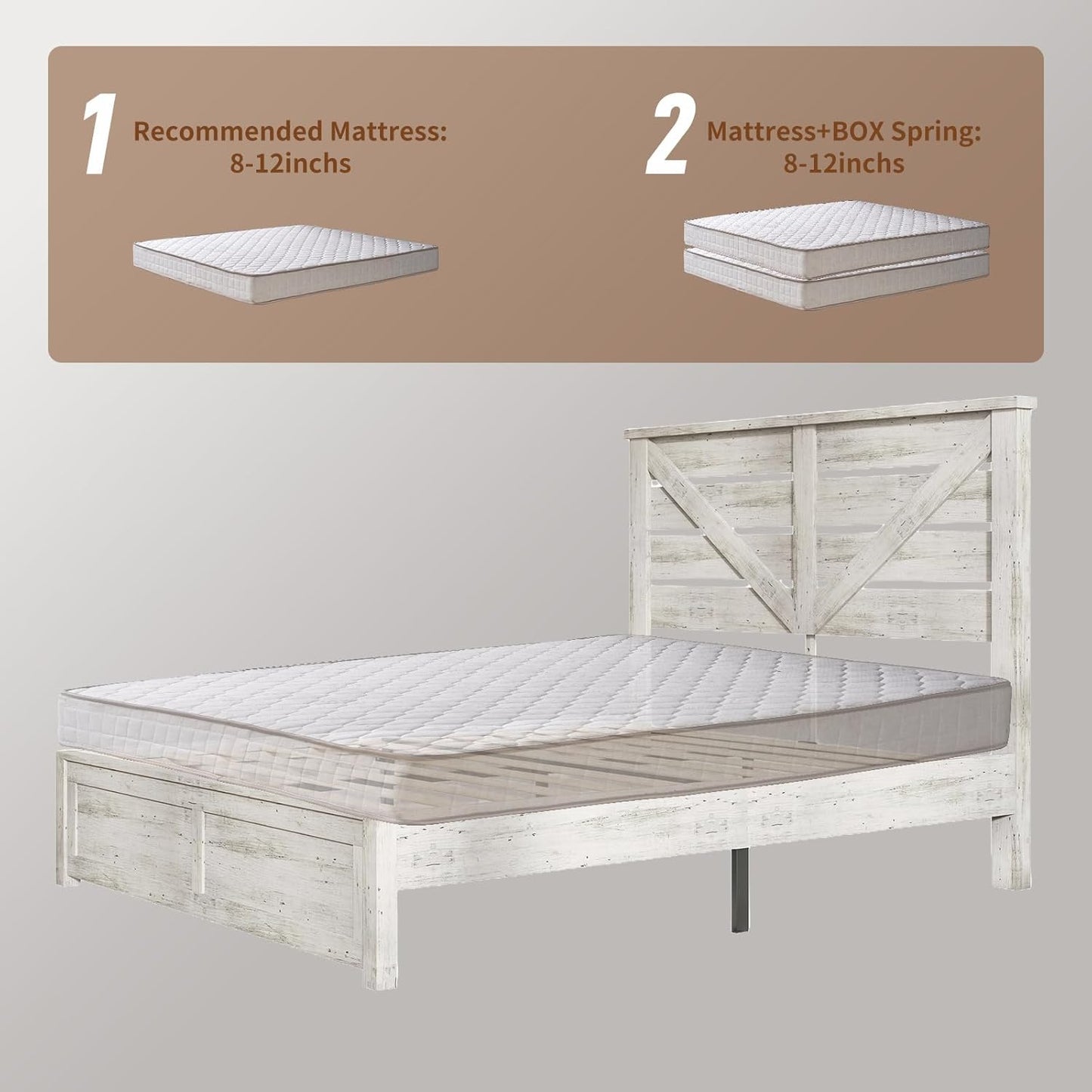 Queen Size Farmhouse Wooden Bed Frame, Platform Bed Frame with 49.2" Headboard/No Box Spring Needed/Noisy Free/Easy Assembly/Distressed White