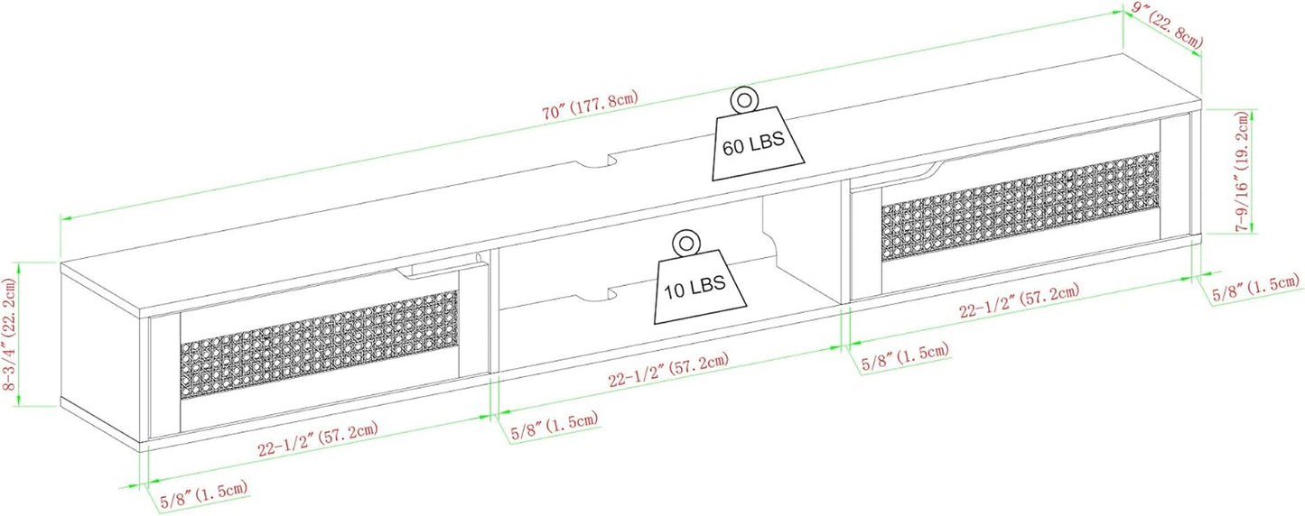 Destin Modern Rattan Flip-Down-Door Wall-Mounted Floating TV Stand for Tvs up to 80 Inches, 70 Inch, Black