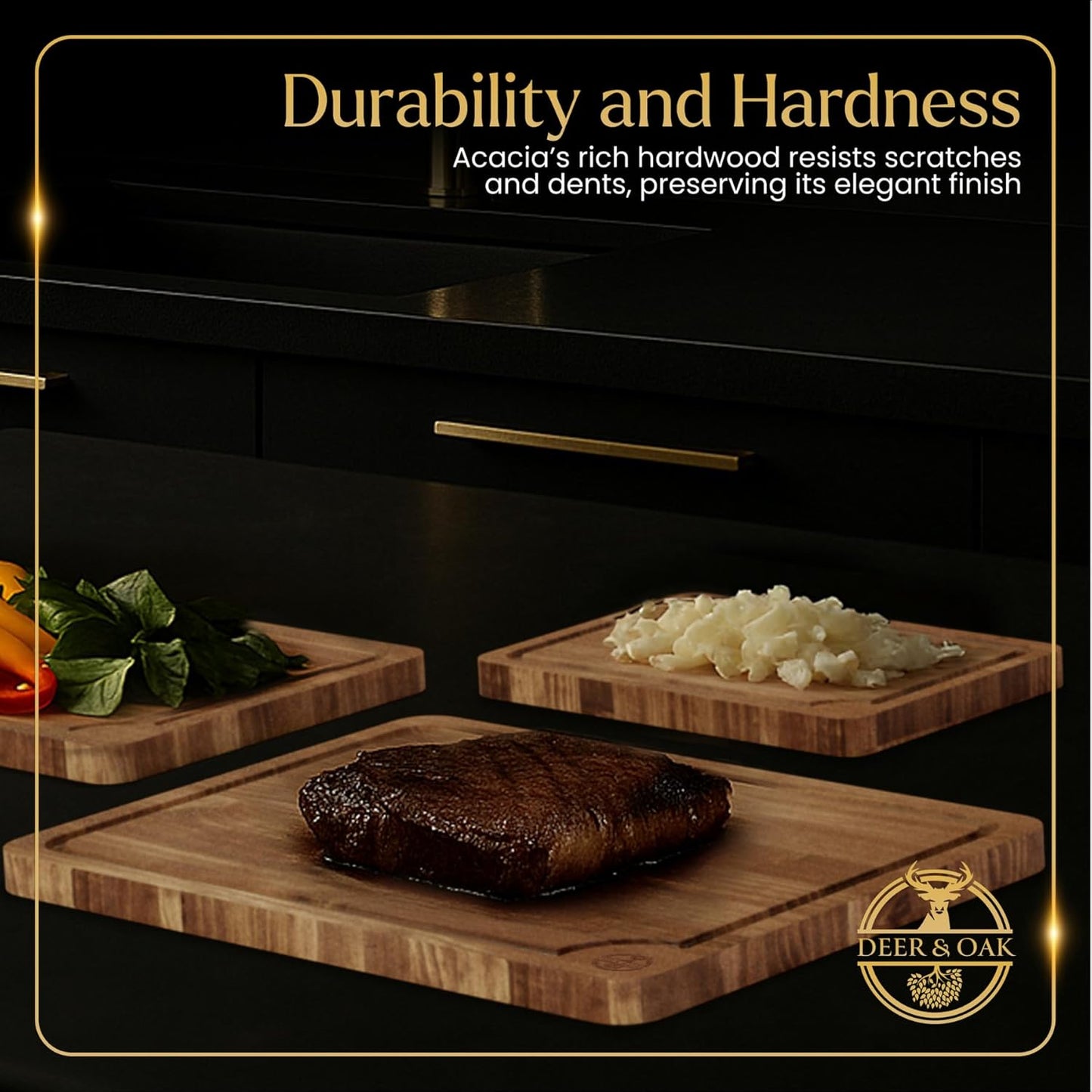 Pre-Oiled, Non Toxic 3-Piece Acacia Cutting Board Set with Stand, FSC Certified Wooden Chopping Boards with Juice Grooves for Meat. 3 Size Wood Carving Boards for Home & BBQ Kitchens by