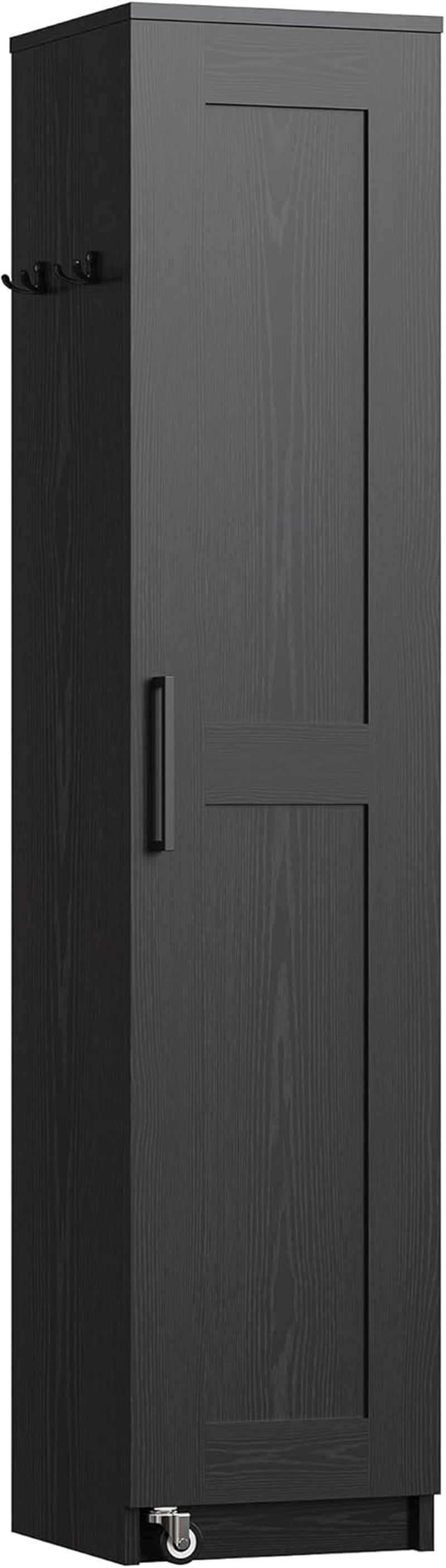 Narrow Kitchen Pantry Storage Cabinet, 72" Slim Single Door with 6 Adjustable Shelves, Door Rack and Wheels, Space Saving Freestanding Storage Floor Cabinet for Small Place, Black