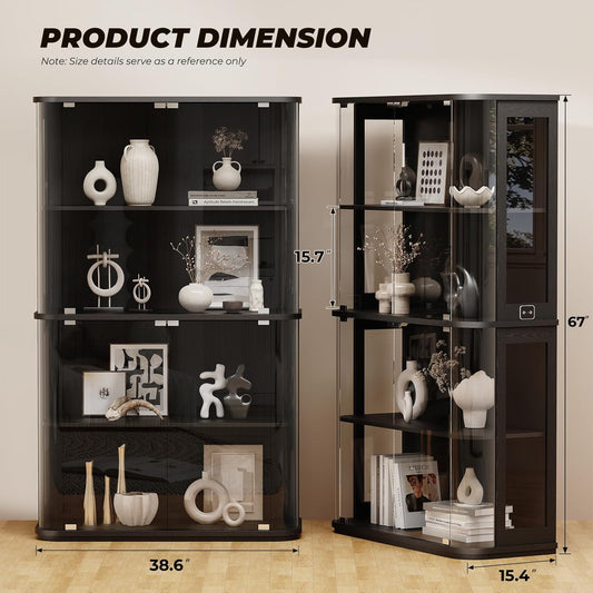 Large Rounded Display Cabinet with Glass Door, 4-Tier Curio Cabinet with 3 Color Lights for Collectibles, Glass Display Case with Transparent Full-Display Surface, Human Body Sensor, Black