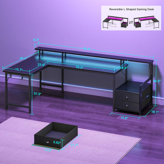 66'' L Shaped Gaming Desk with Drawers and Storage Shelves, Reversible Corner Desk with Power Outlets and Host Stand, Large Computer Desk with Led Lights for Gaming, Work, Home Office, Black