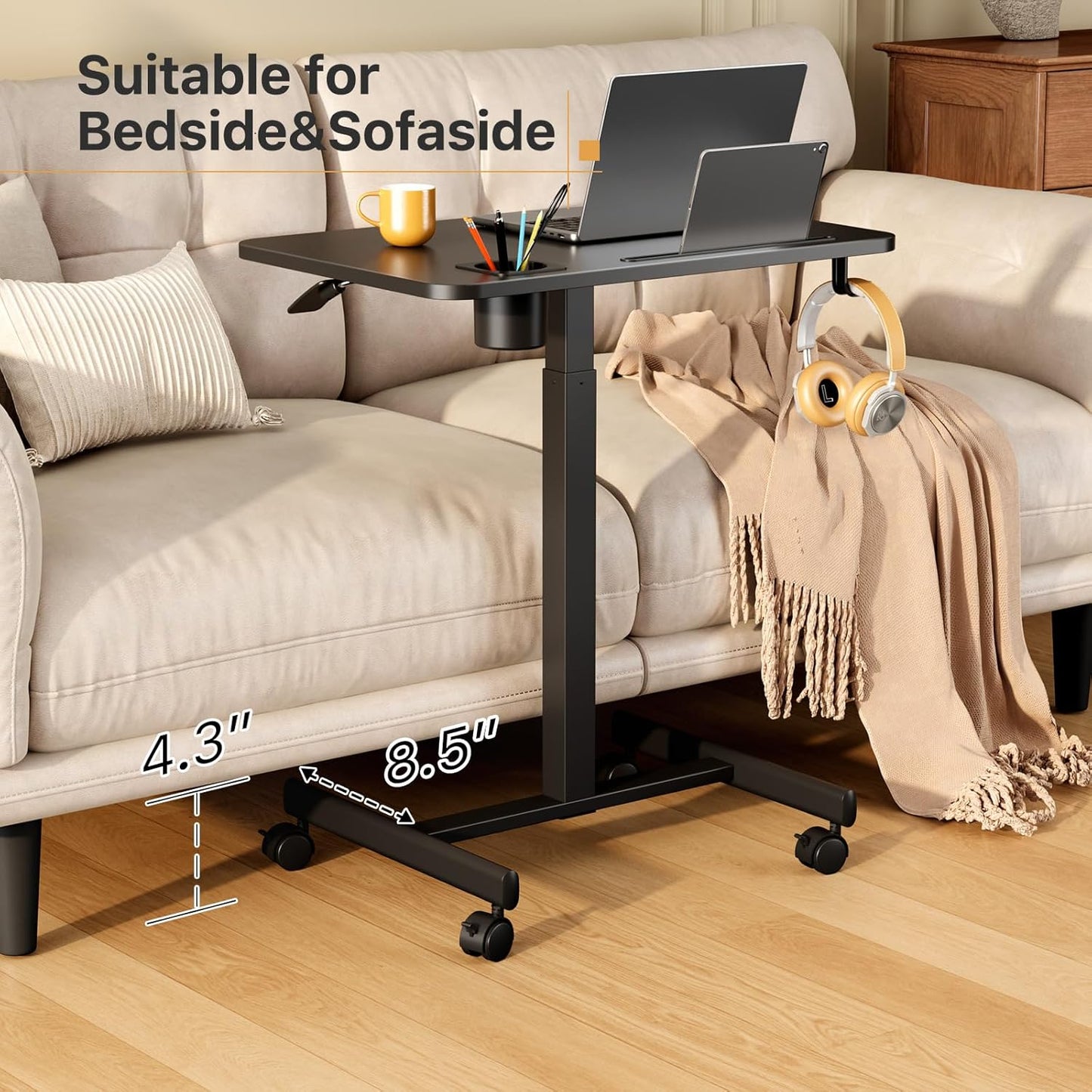 Mobile Standing Desk, Rolling Laptop Cart Adjustable Height with Cup Holder, 28 Inch Portable Table with 4 Lockable Wheels, Black Computer Workstation with Hook and Slots for Home Office