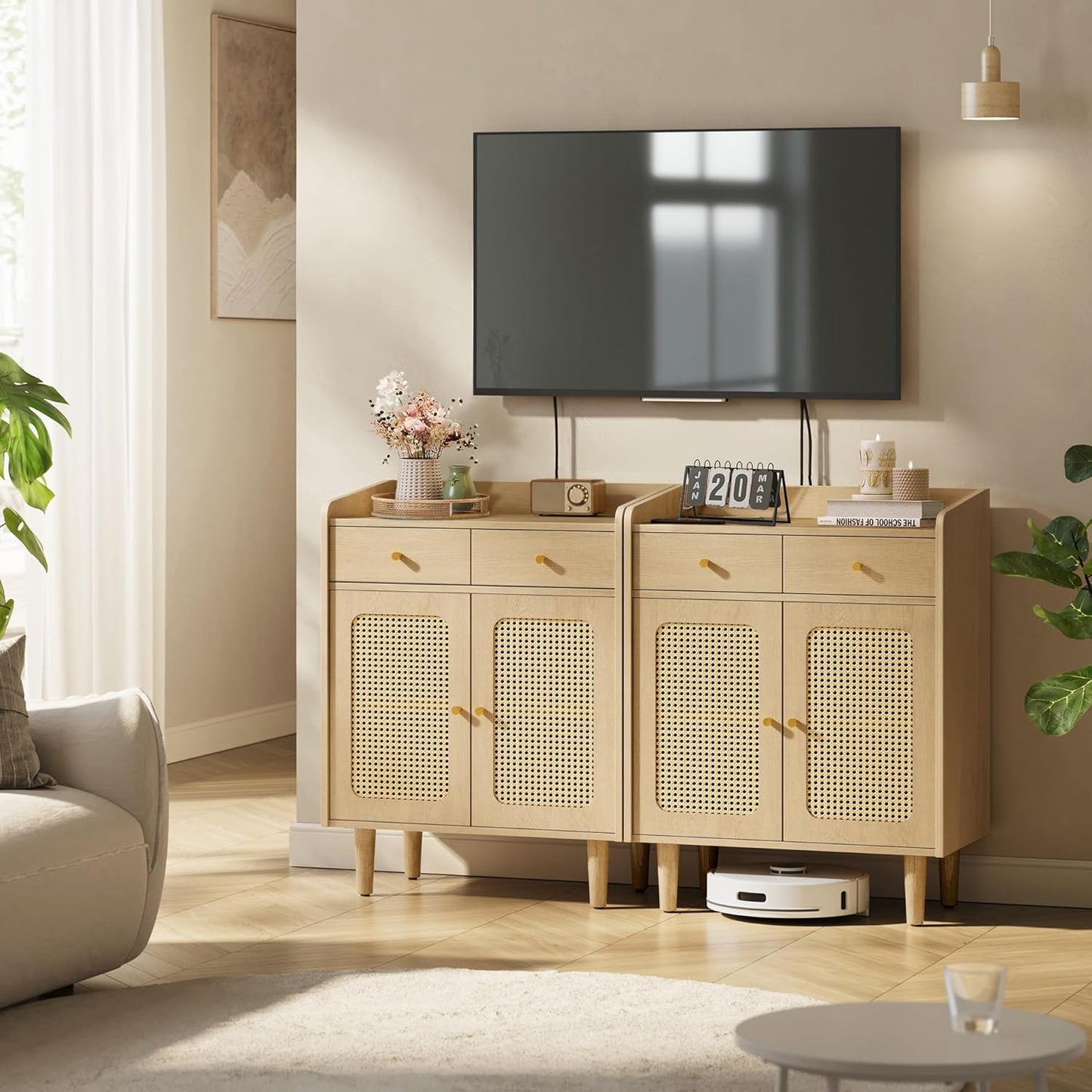 BOHOVEN Collection - Buffet Cabinets, Set of 2, Sideboard Storage Cabinets with Rattan-Like Doors and Drawers, Accent Cabinets, Adjustable Shelf, Boho Style, for Living Room, Oak Beige