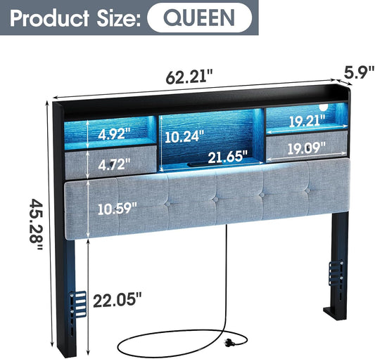 Headboard Queen Size with Storage, Queen Headboard Only with 2 Drawers, Charging Station and LED Lights, Upholstered Headboards Easy Assembly, Black&Grey