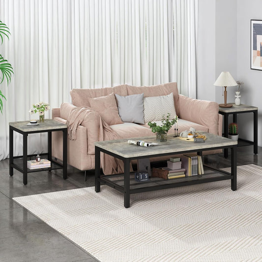 Coffee Table Set of 3, Industrial Coffee Table with 2 Square End Side Tables, Modern Living Room Table Set with Metal Frame for Apartment Home Office, Grey