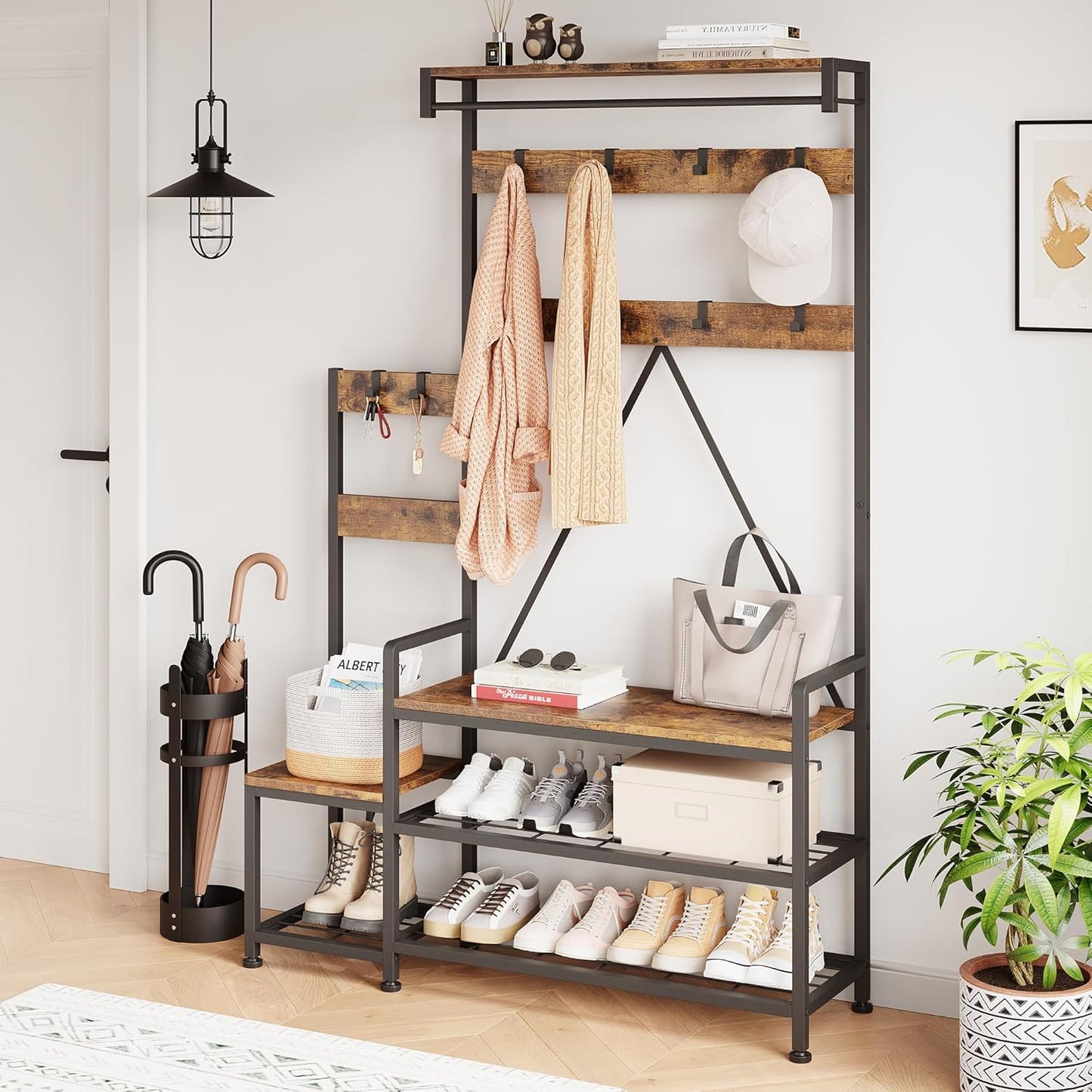 Hall Tree with Bench and Shoe Storage Parent-Child Coat Rack Shoe Bench Industrial Coat Tree Entryway Large Organizer with Shoe Rack, Storage Cubbies, Hooks, and Top Shelf