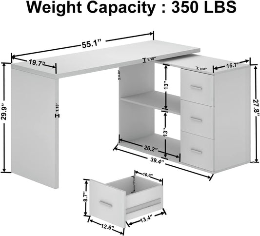 White L-Shaped Computer Desk with 3 Drawers and 2 Shelves, Reversible Home Office Corner Desk for Writing Study Work Executive, 55 Inch Bedroom Wood Table Workstation Desk with Storage Cabinet