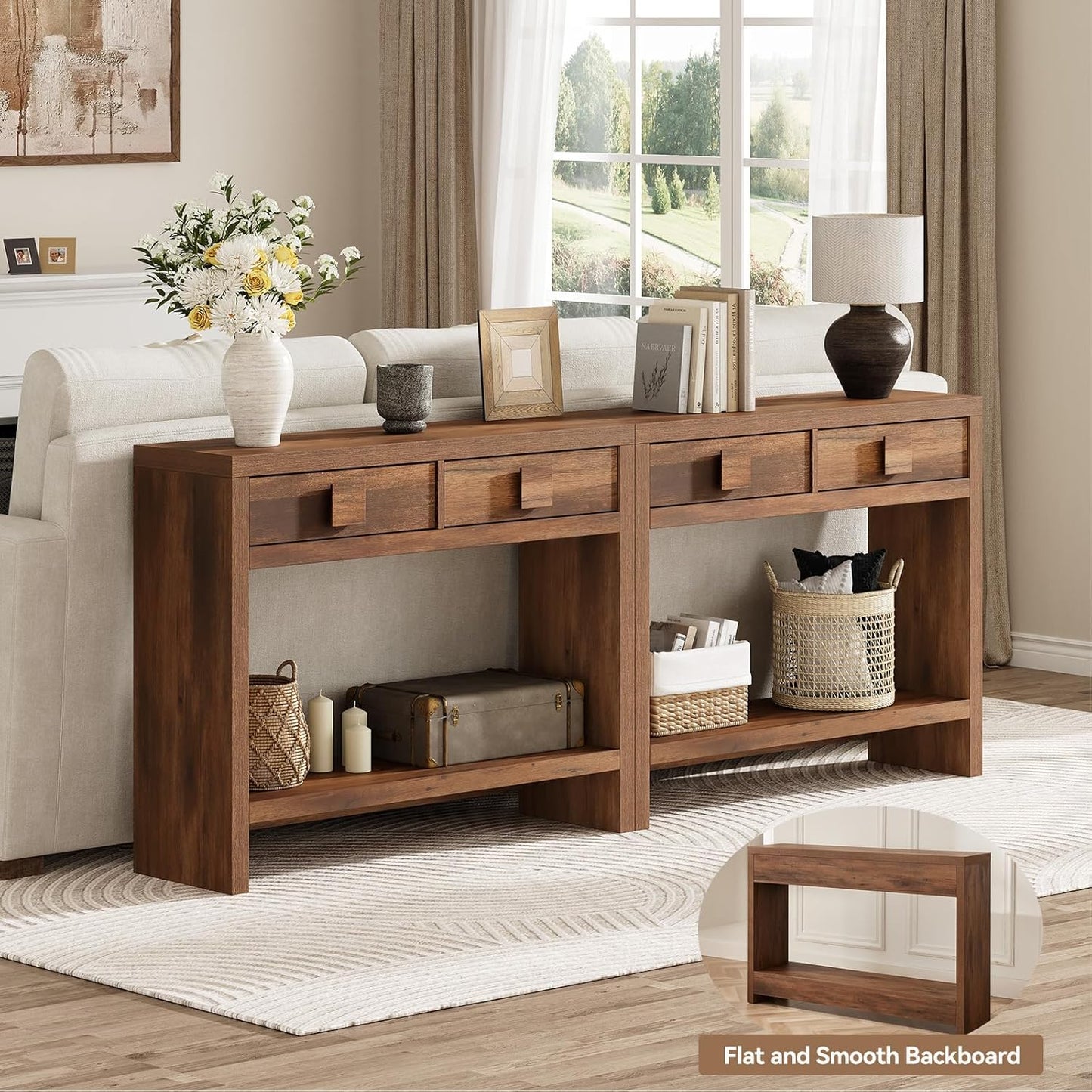 Console Table with Drawers, 47 Inch Narrow Entryway Table with Open Storage Shelves, Mid Century Modern Hallway Accent Tables behind Couch Table for Living Room (Vintage Brown)