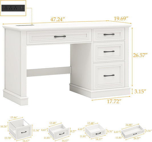 Farmhouse 47" Executive Desk, Computer Desk with Drawers and File Drawer, Workstation Computer Desk with Charging Station for Home Office,Study,(Cream White)