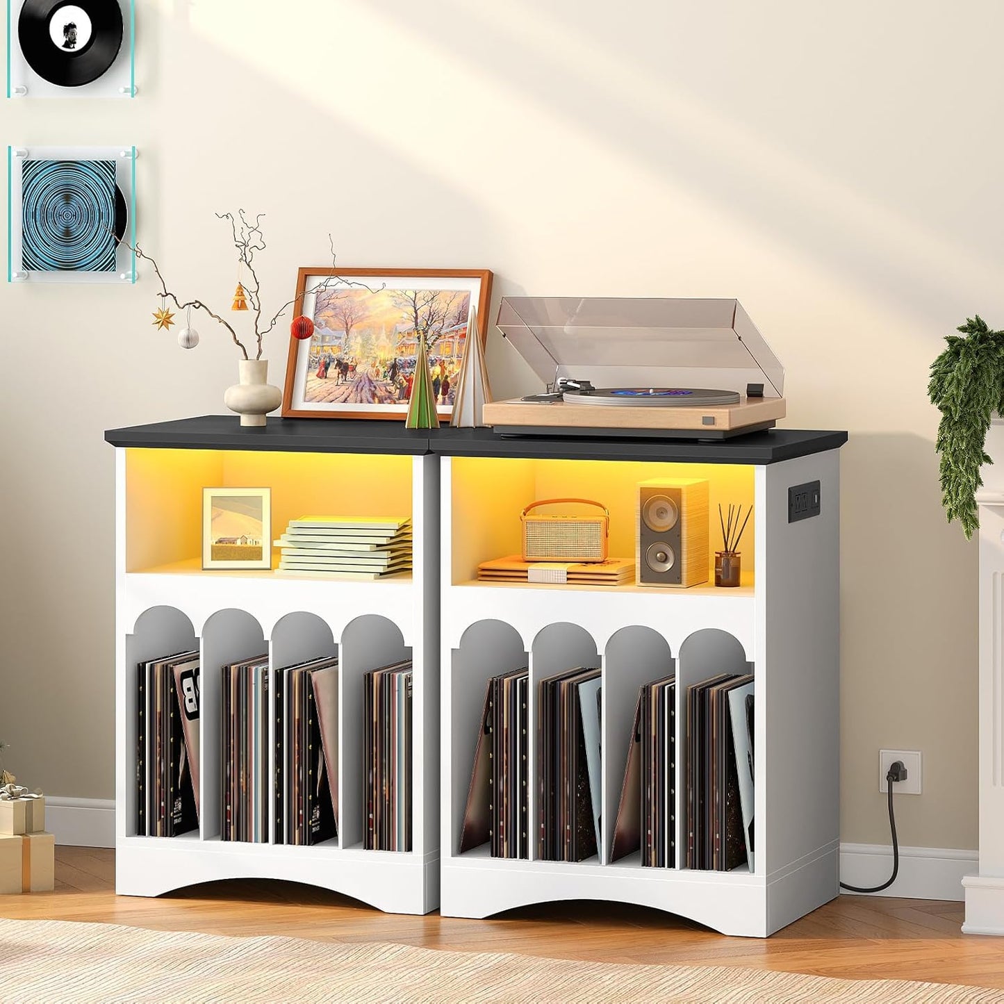 Farmhouse Record Stand with Charging Station and LED Lights, Compact Vinyl Storage Cabinet Holds up to 230 Albums, Turntable Holder for Living Room, Bedroom, Black and White WB40UDRS01