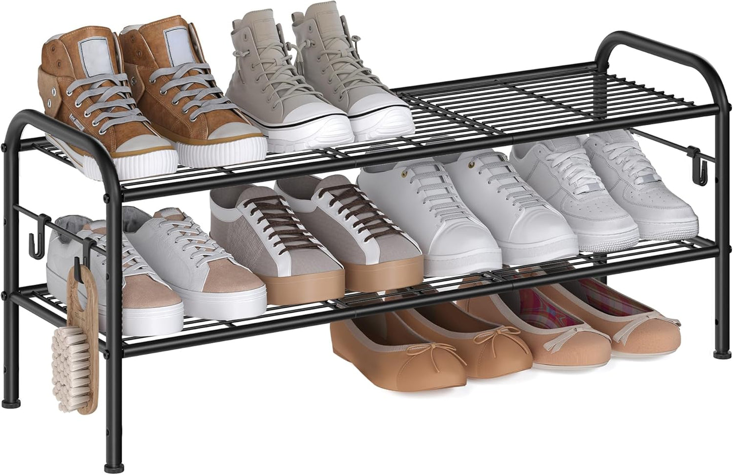 Shoe Rack, 2-Tier Shoe Organizer, Metal Shoe Shelf Storage with 4 Side Hooks, Holds 12 Pairs of Shoes, Height-Adjustable Shoe Rack for Entryway, Hallway, Closet, Easy Assembly, Ink Black
