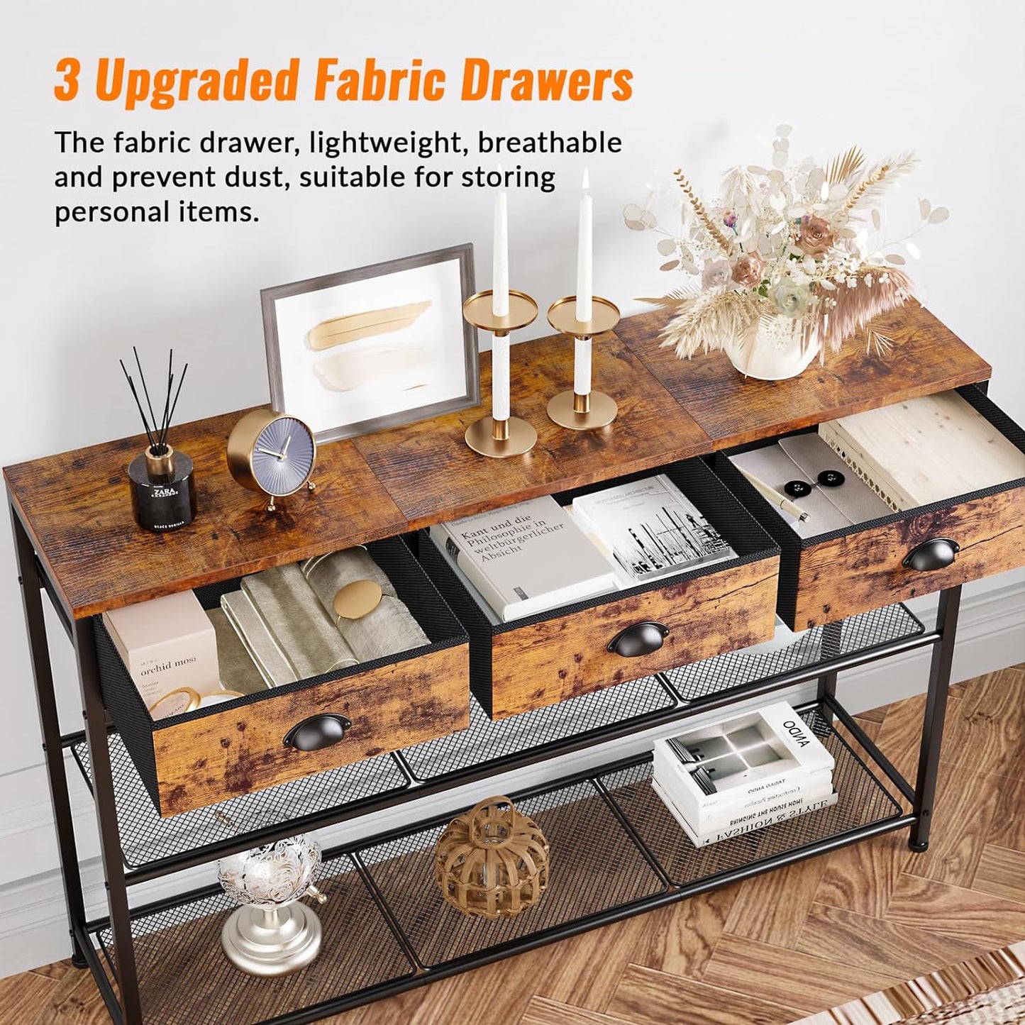 White Entryway Table, 38'' Console Sofa Table with 3 Fabric Drawers, Industrial Entry Way Table with Storage Shelves, Display Shelf for Living Room, Hallway, Entrance, Foyer