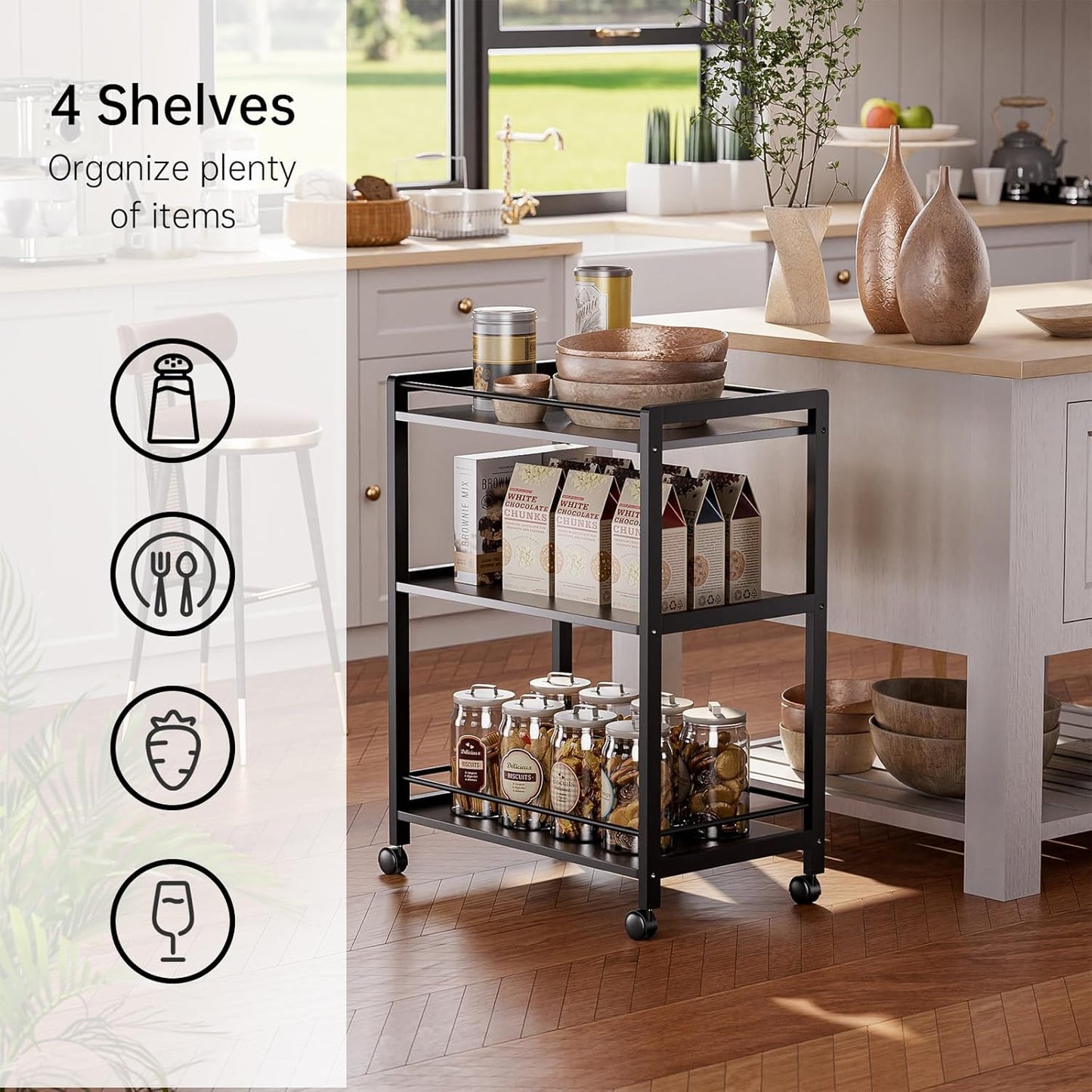 Bar Cart Black, Serving Cart for Home, 3 Tier Drinks Cart with Wheels, Rolling Beverage Cart for Kitchen Dining Living Room