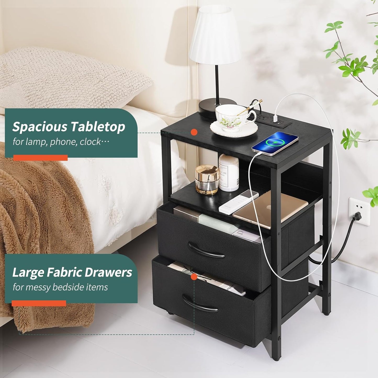 Nightstand with Charging Station, LED Night Stand with Fabric Drawers and Storage Shelf for Bedroom, Nightstands Bedside Tables with USB Ports & Outlets, Small Night Stands, Bed Side Table