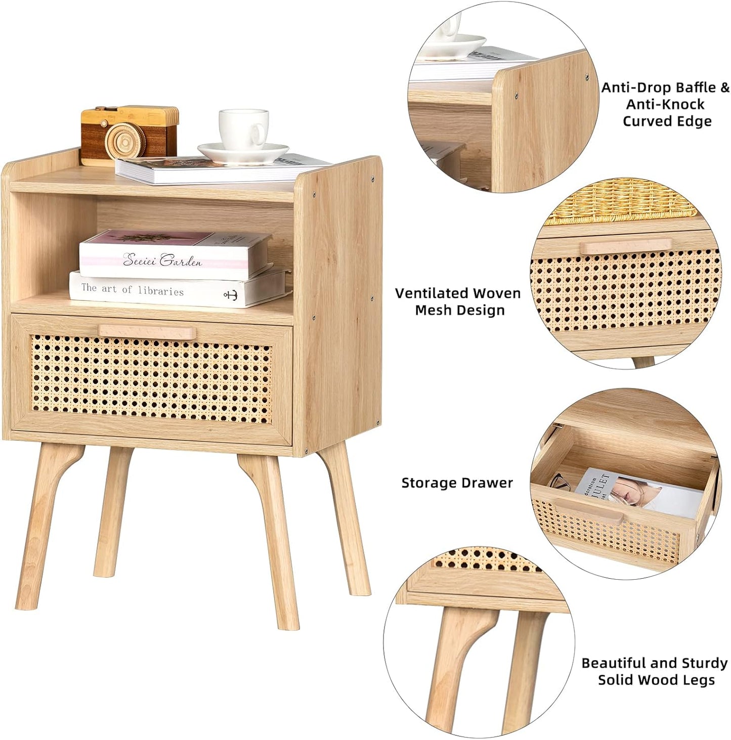 Rattan Nightstand, Boho Side Table with Drawer Open Shelf, Cane Accent Bedside End Table with Solid Wood Legs for Bedroom, Dorm and Small Spaces (Natural)