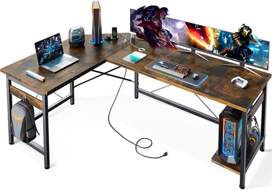 59" L Shaped Gaming Desk with Outlet, L Shaped Desk with CPU Stand, Corner Computer Desk, Home Office Desk, Writing Desk, Vintage