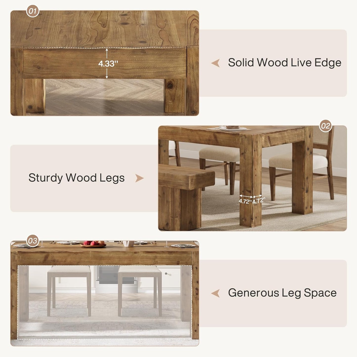 Solid Wood Dining Table for 6, 63-Inch Farmhouse Kitchen Table with Heavy Duty Legs, Rectangular Wood Dinner Table for Dining Room, Living Room (Rustic Brown)