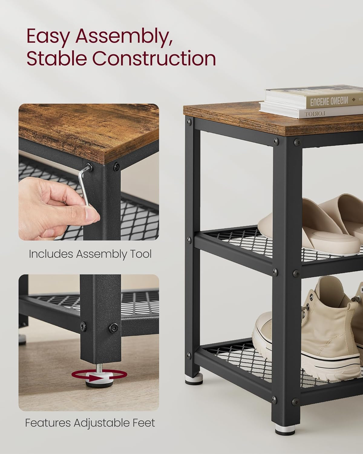 , 3-Tier Shoe Rack, Shelf Storage Bench with Metal Mesh Shelves and Seat, Free Standing Shoe Organizer for Entryway, 11.8 X 28.7 X 17.7 Inches, Ebony Black and Black ULBS073B06