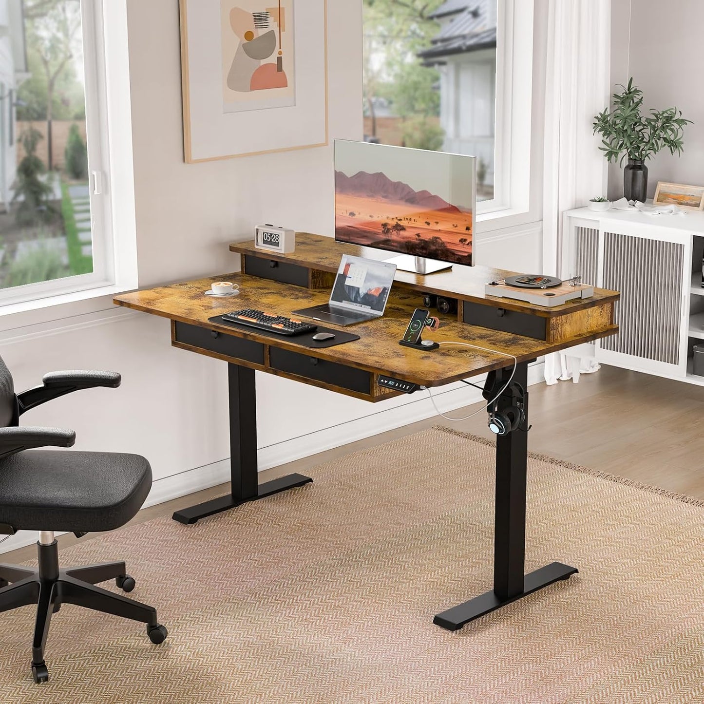 Electric Standing Desk with Drawers & USB Charging Port, 48''X 30''Adjustable Height Sit Stand up Widened Desktop Desk, Computer Office Desks with Storage for Home Workstation, 3 Memory Height Preset