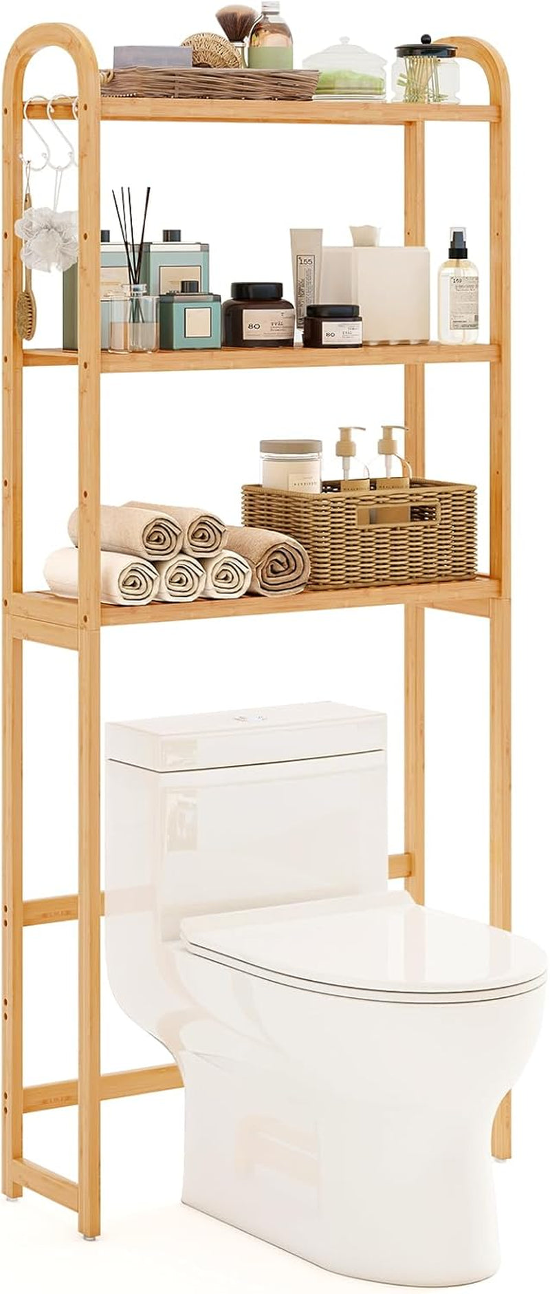 over the Toilet Storage Cabinet, 3-Tier Bamboo Bathroom Shelves over Toilet W/3 Hooks, Adjustable Shelves & Waterproof Feet Pad, over Toilet Bathroom Organizer for Laundry, Balcony, Restroom