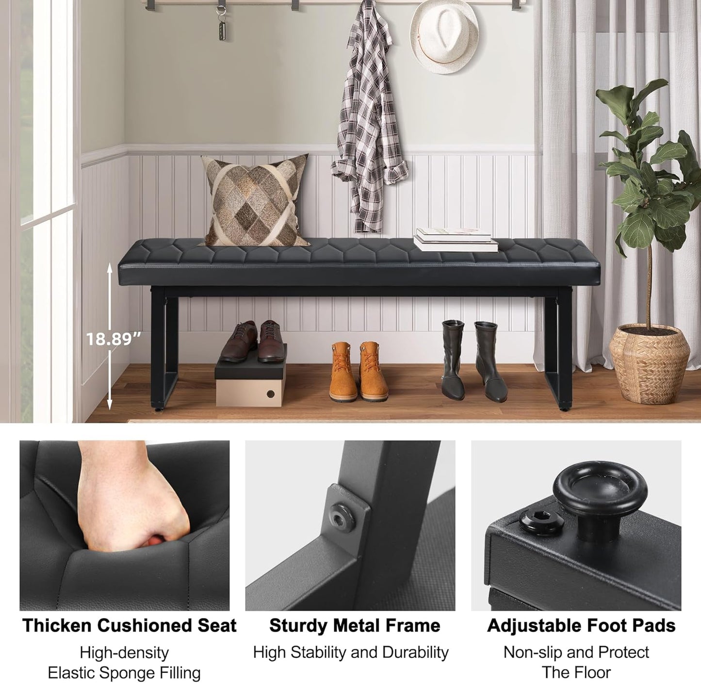 58” Padded Dining Table Bench Pair of 2 for 6-8 Person, Faux Leather Indoor Cushioned Extra Long Bench for Dining Room Table, Bedside Shoe Entryway Benches (Black, 58")