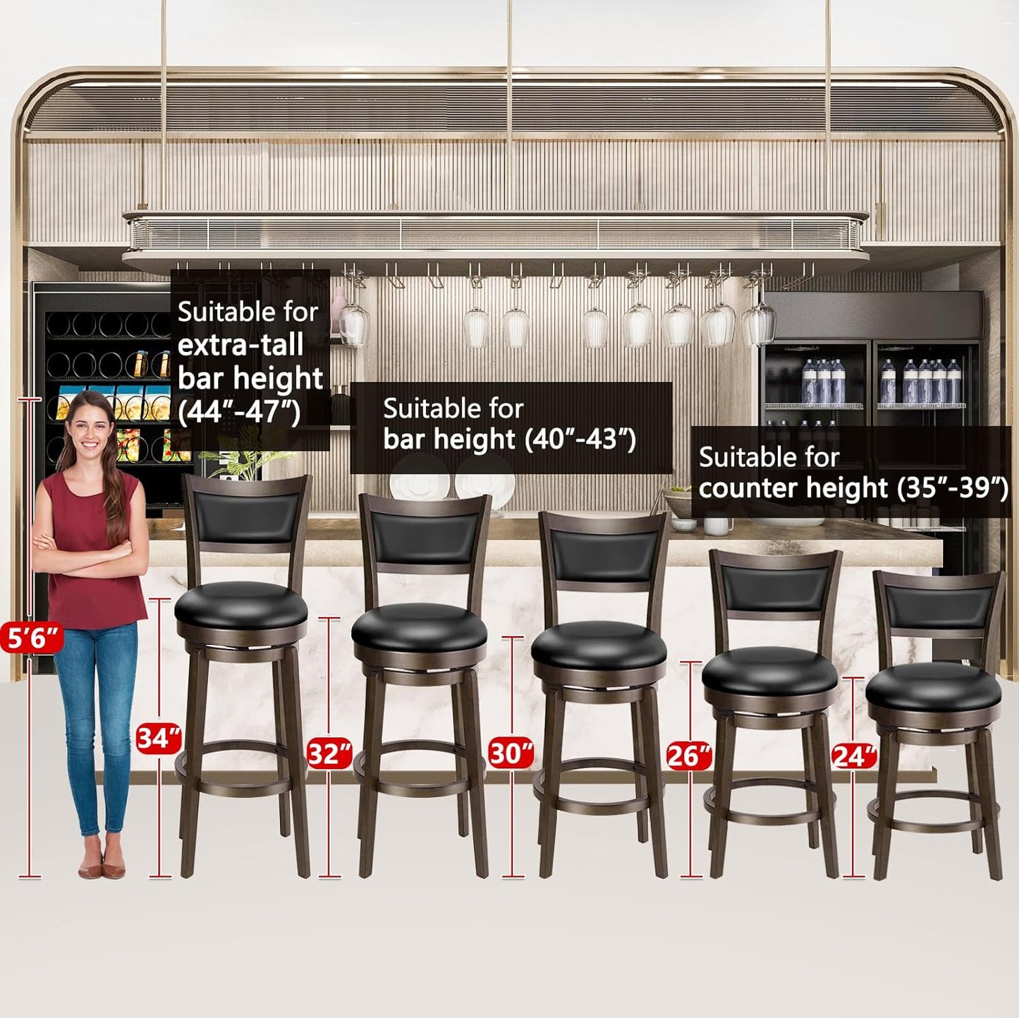 Swivel Bar Stools Set of 2, 30 Inch Bar Height Barstools, Black Faux Leather Bar Stool with High Backrest & Solid Wood Legs & Wrap-Around Footrest, Counter Stools for Kitchen Island, Pub