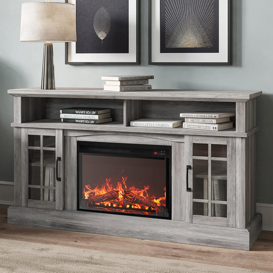 Traditional 58" Rustic TV Stand with 23" Electric Fireplace Heater with Sound, Media Entertainment Center Console Table for TV up to 65" with Open Storage Shelves and Cabinets - Grey Wash