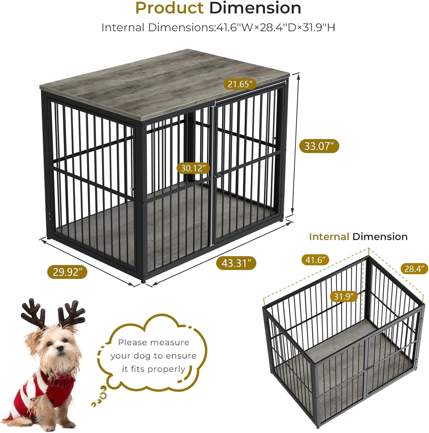 43'' XL Dog Crate Furniture with 3 Doors, Wooden Crate Combination Pet Cage, Heavy Duty Indoor Kennel for Medium to Large Dogs, Grey