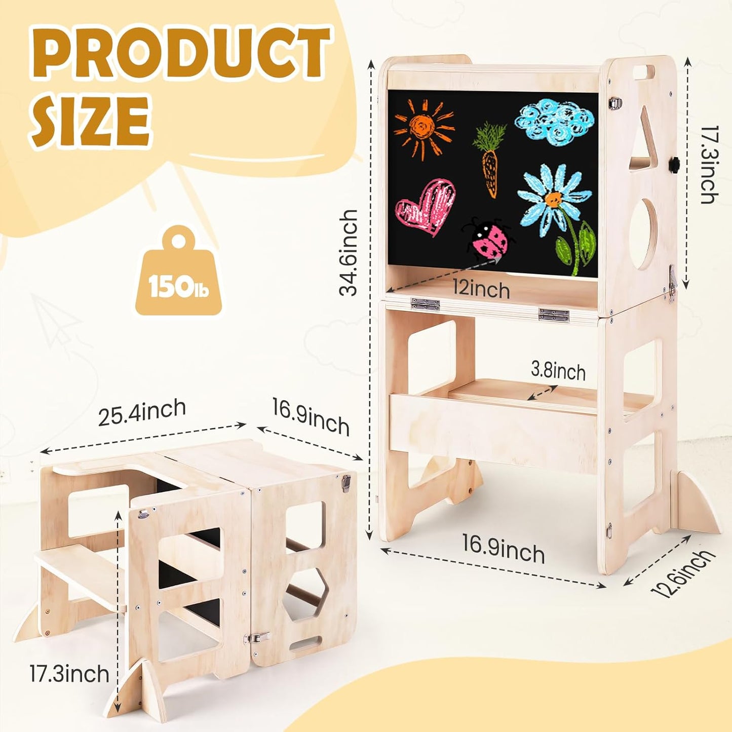 4-In-1 Toddler Kitchen Step Stool, Foldable Learning Standing Tower with Blackboard, Wooden Kitchen Stool Helper for Kids, 1-3 Year Old Boy Girl Gifts