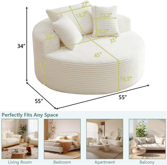 55'' Oversized round Cloud Chair,Fluffy Corduroy Lounge Chaise Indoor and Sleeper Sofa Bed with Deep Seat,Upholstered for Comfort in Reading,Living Room & Bedroom,No Assembly Required,White