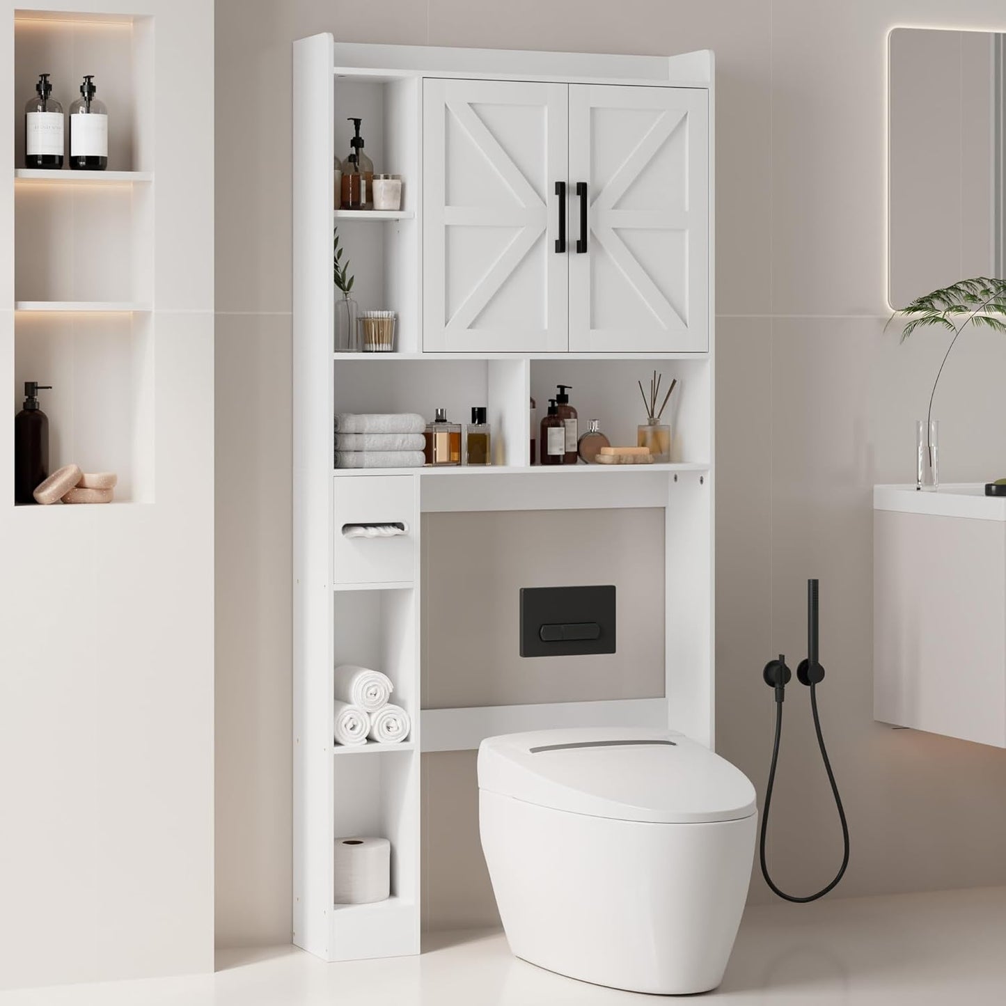 Over the Toilet Storage Cabinet, Tall Bathroom Cabinet Organizer with Adjustable Shelves and Toilet Paper Holder, 32" W Farmhouse Storage Cabinet with 2 Barn Doors for Laundry, Restroom, Grey
