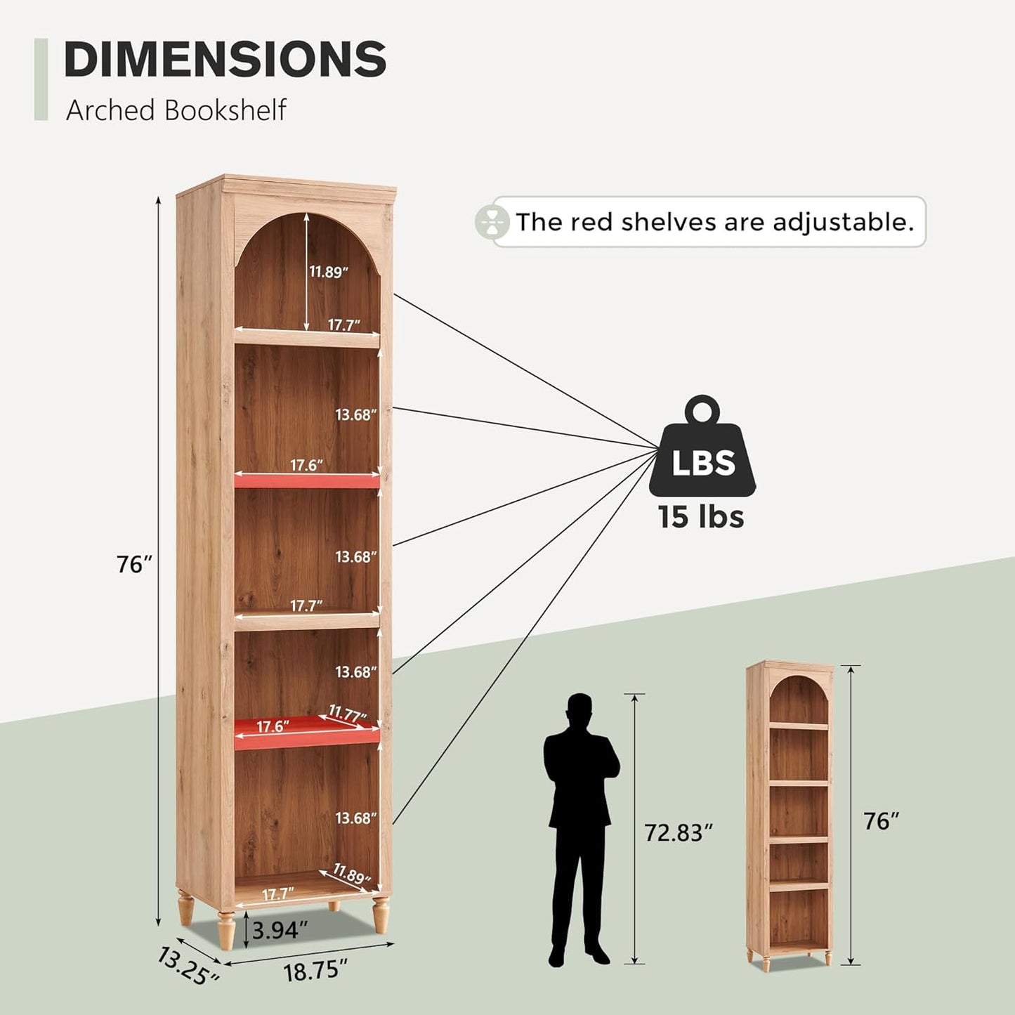 76" Tall Arched Bookcase, Farmhouse 5 Tiers Narrow Arched Bookshelf Cabinet with Adjustable Shelves, Modern Wooden Book Shelf W/Storage and Open Display Shelves for Living Room, Office-Natural