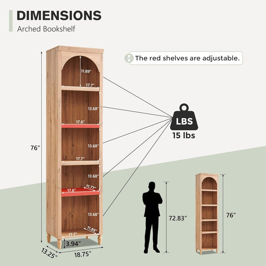 76" Tall Arched Bookcase, Farmhouse 5 Tiers Narrow Arched Bookshelf Cabinet with Adjustable Shelves, Modern Wooden Book Shelf W/Storage and Open Display Shelves for Living Room, Office-Natural