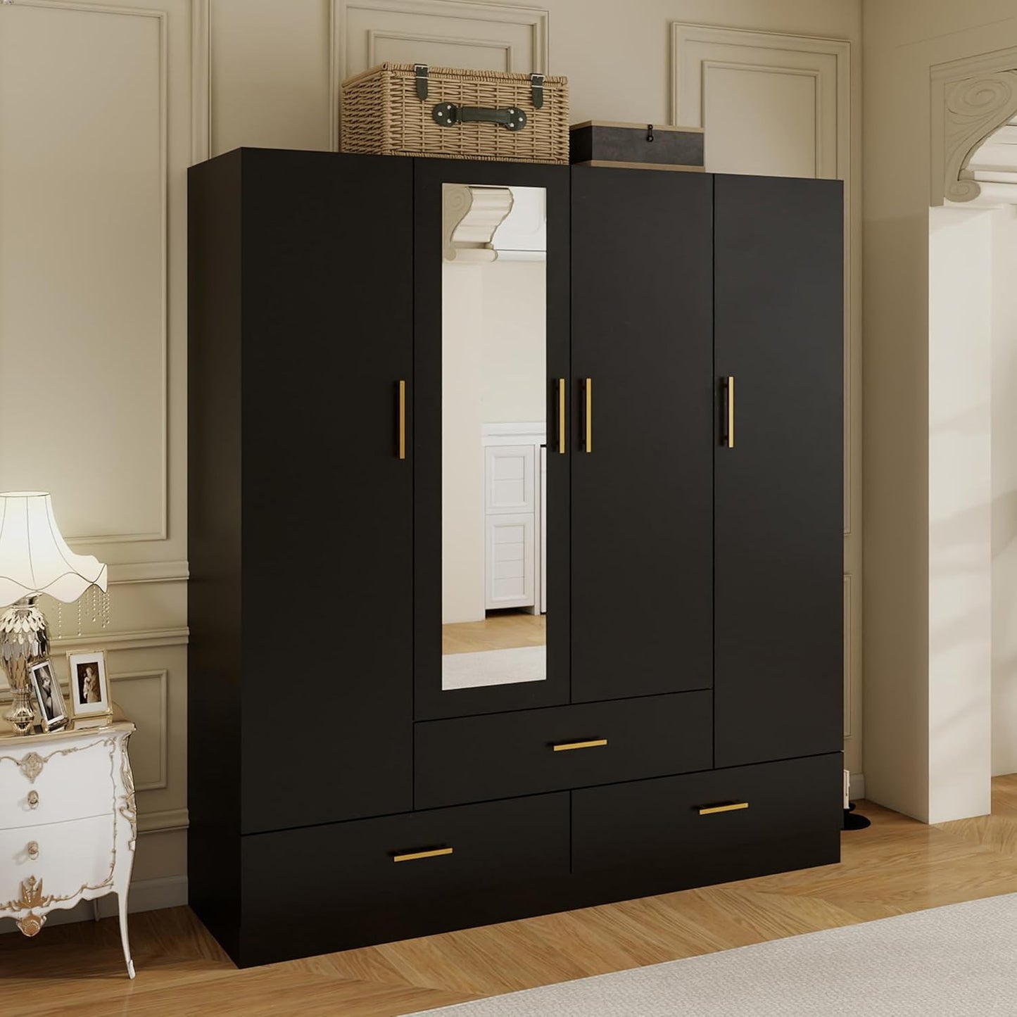 Wood Black Armoire Wardrobe Closet Black: 4 Doors Wardrobe Cabinet 2 Hanging Rods 3 Drawers with Mirror Shelves Large Storage for Bedroom Home