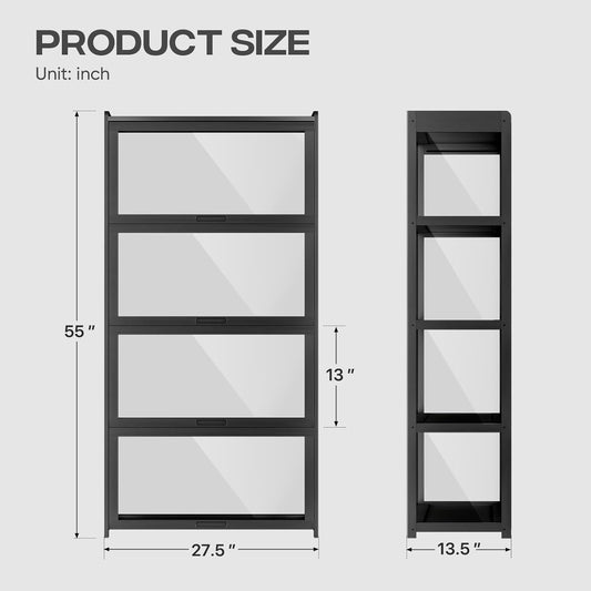 Acrylic Display Cabinet with Flip-Up Doors, 4 Tier Clear Showcase Shelf, Bamboo Curio Case for Collectibles, Books & Figures, Floor Standing Display Storage for Home and Office, Black