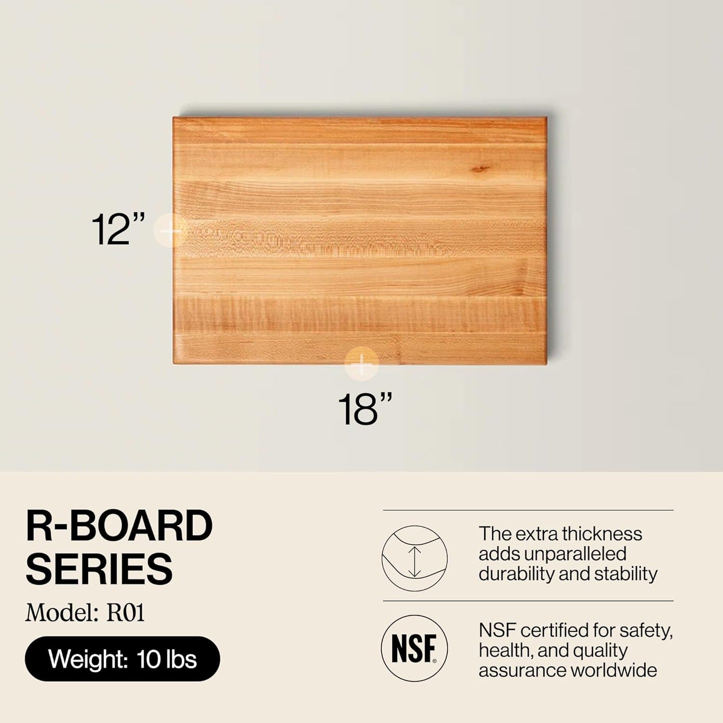 R-Board Series Rectangular Wooden Maple Cutting Board 18”X12” – 1.5” Thick, 10-Lb Reversible Butcher Block with Edge-Grain & Finger Grips – Made in the USA