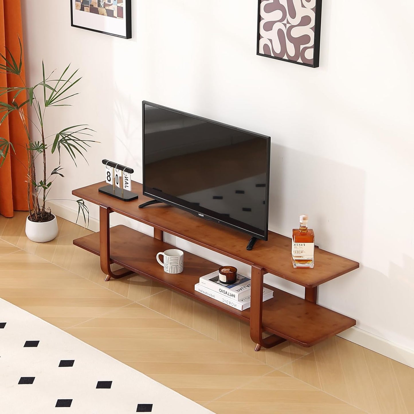 TV Stand with Storage for Tvs up to 65'', Bamboo TV Console Entertainment Center with 2 Open Shelf, Mid Century Modern Media Console for Living Room, Bedroom, Walnut