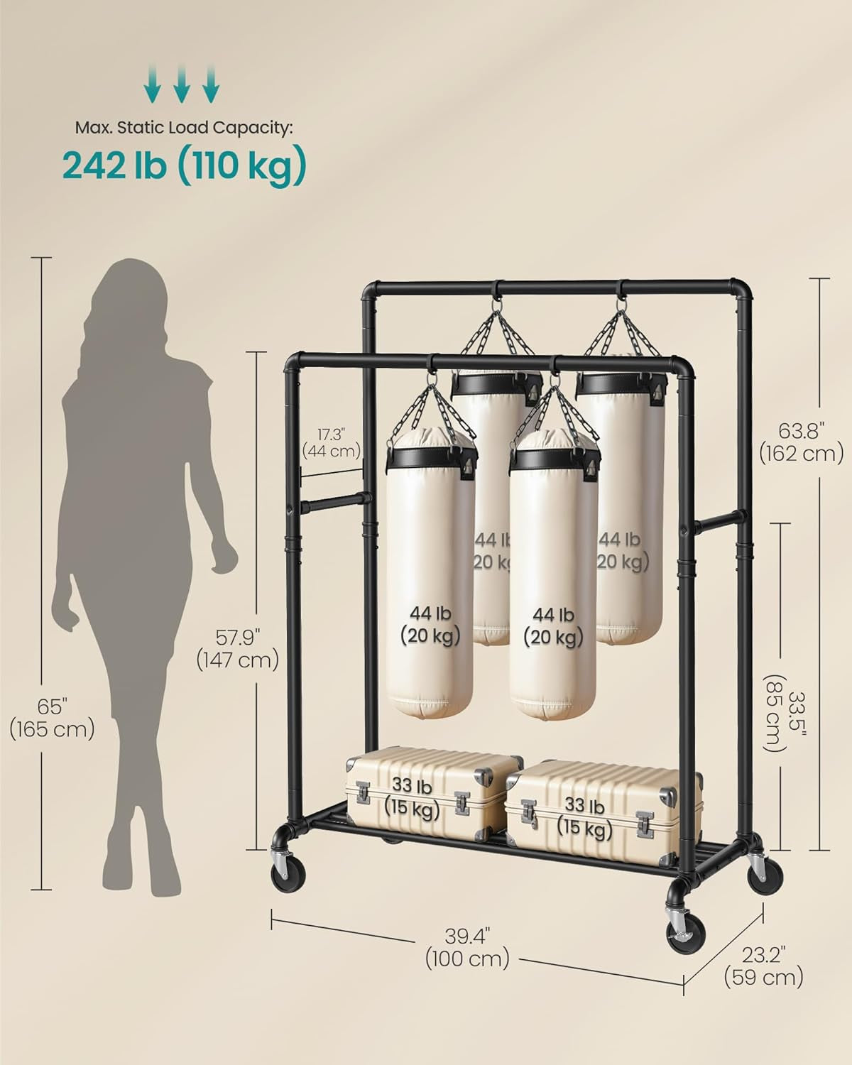 Black metal double rail clothes rack with wheels and storage shelf, view 6