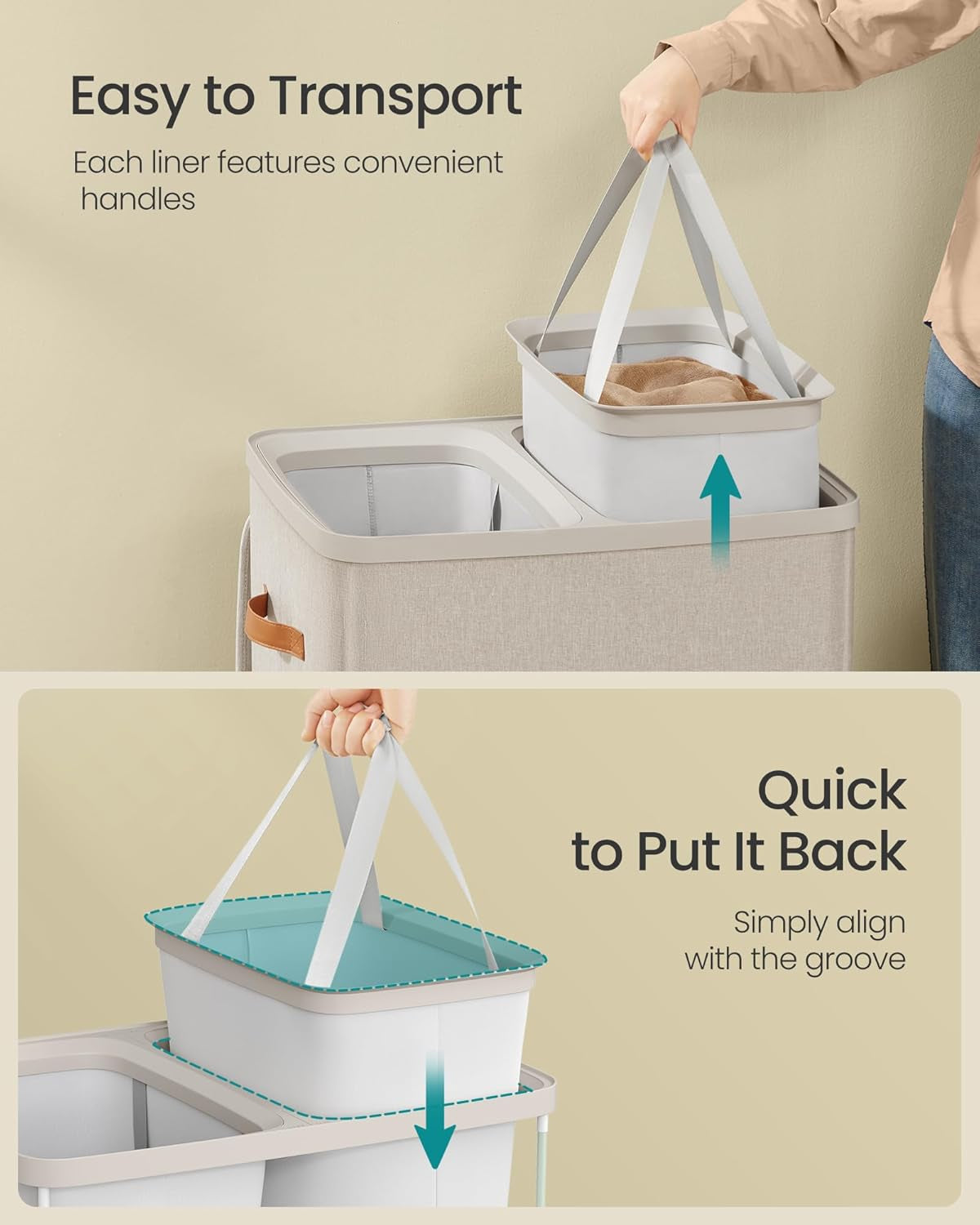 Laundry Basket, 44.9 Gal. Laundry Hamper, 2 Compartments, Easy Assembly, with Lid and Handles, Removable Liners, 22 X 15.7 X 29.5 Inches, Cappuccino Beige ULCB813L01